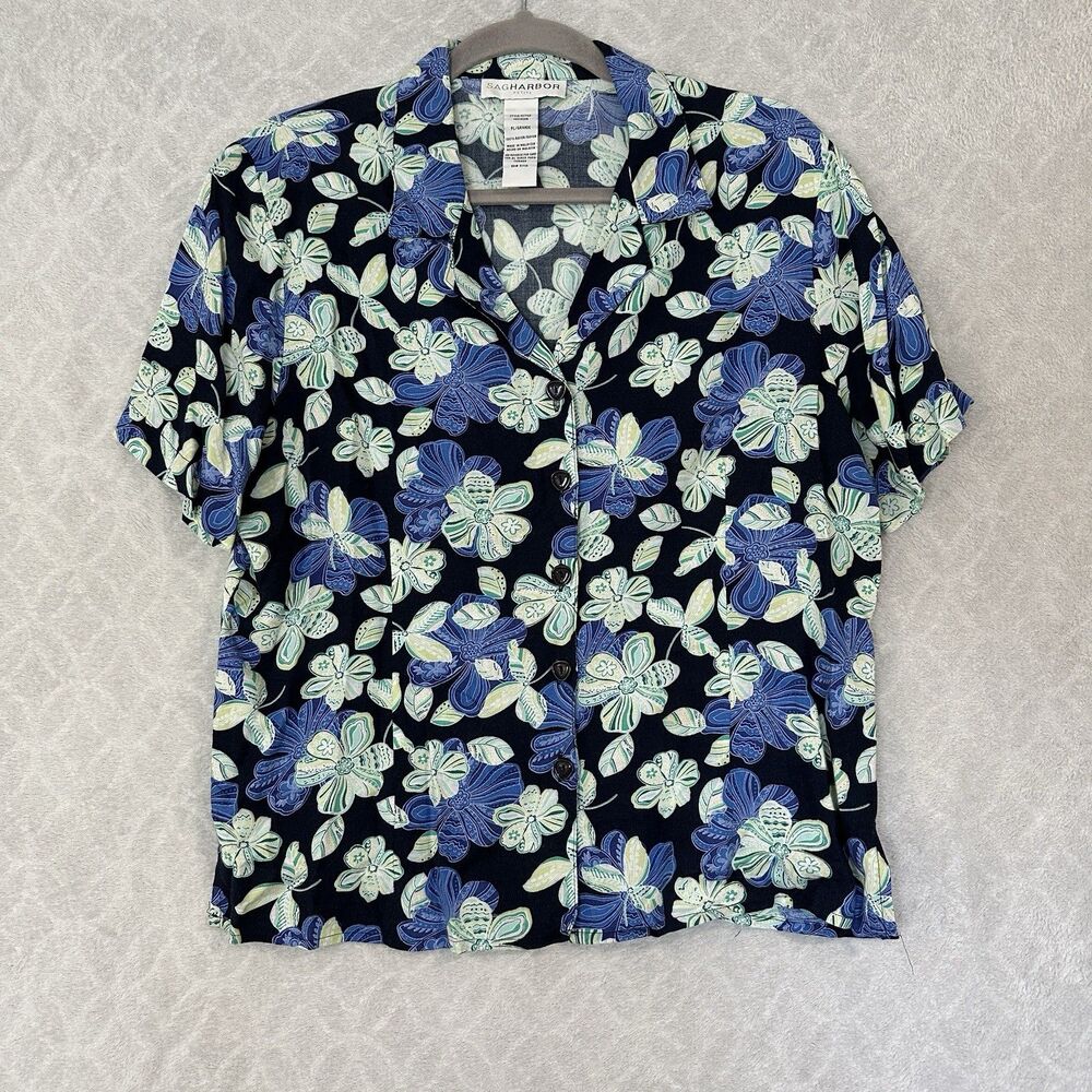Vtg Floral Button Up Camp Shirt Petite L Blue Casual Hawaiian Vacation Tropical
